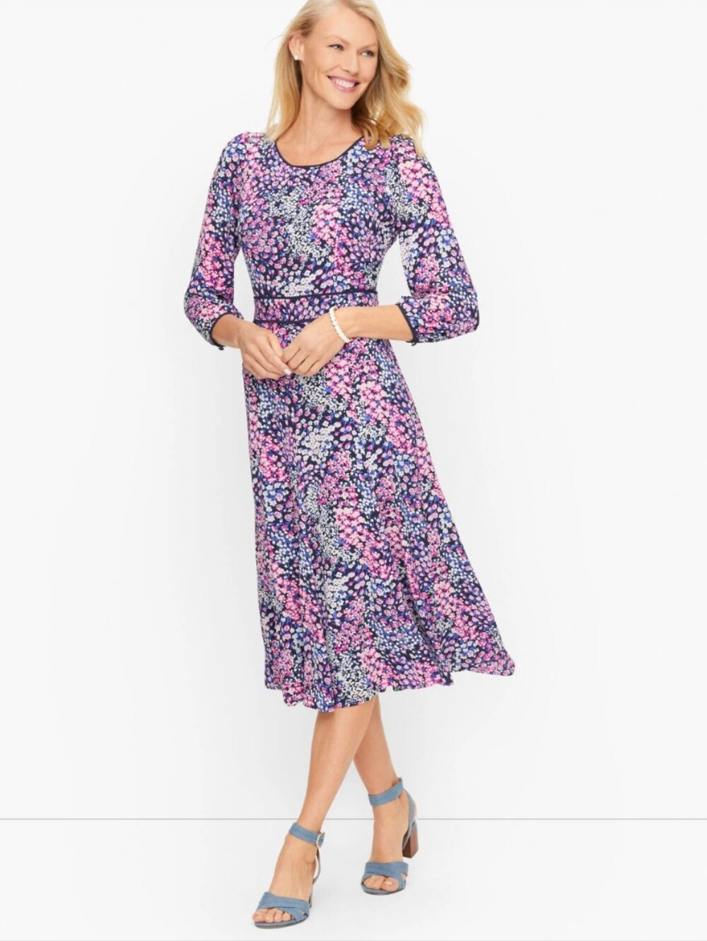 Talbots Floral Garden Fit & Flare Midi Dress 3/4 Sleeve Below Knee Size 14
